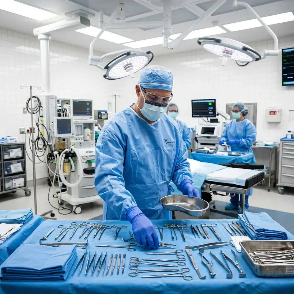 Cirujanos operando en quirófano de alta tecnología